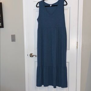 Blue Sleeveless Maxi Sundress with V-Neck